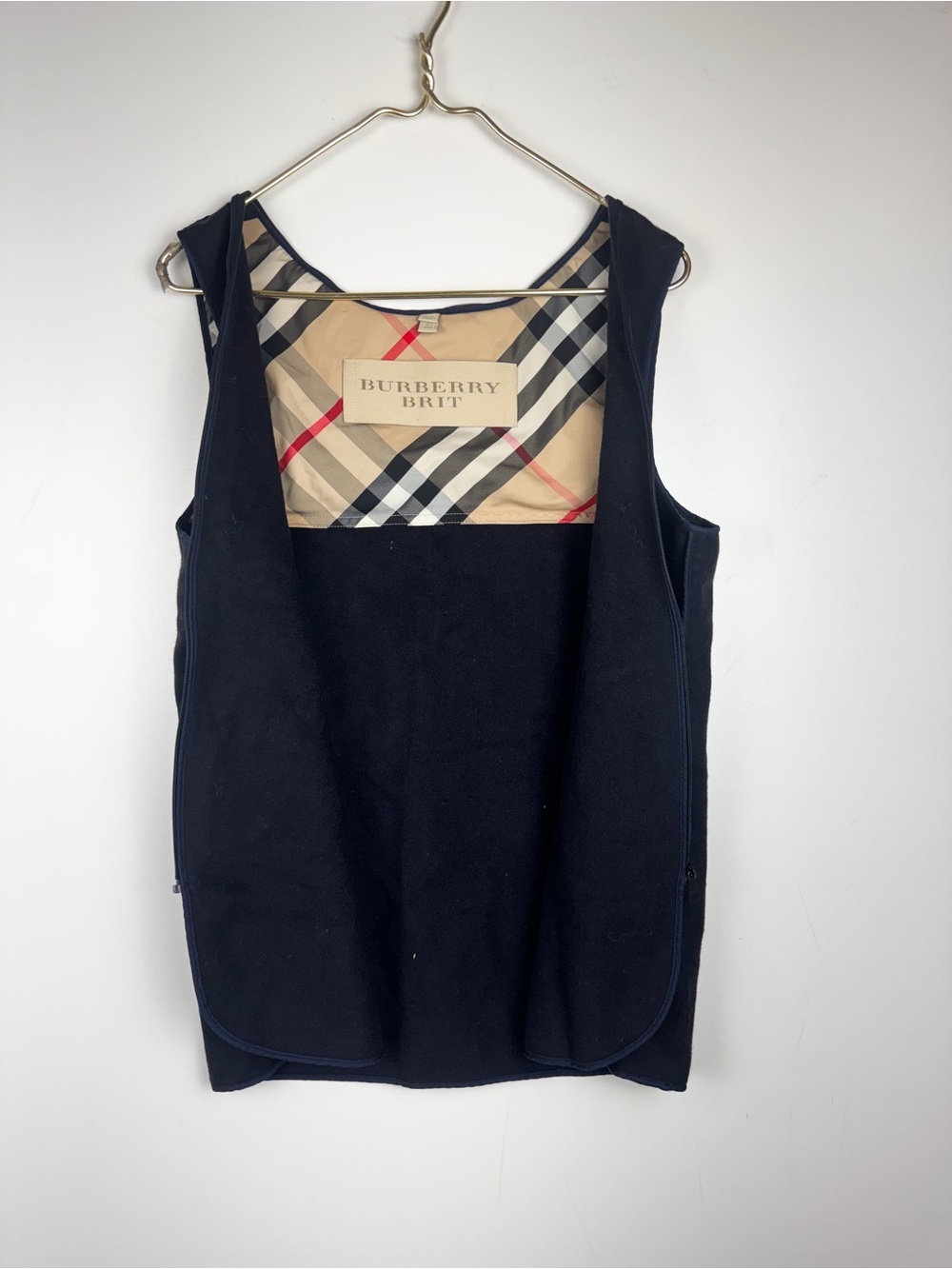 Burberry Brit Wool Vest Sz 8 Navy Blue Gilet Insert Full Zip Nova Check